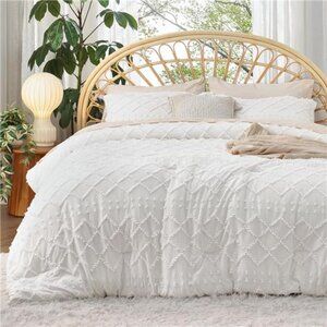 Queen Comforter Set - White Comforter, Boho Tufted Shabby Chic Bedding Comforter